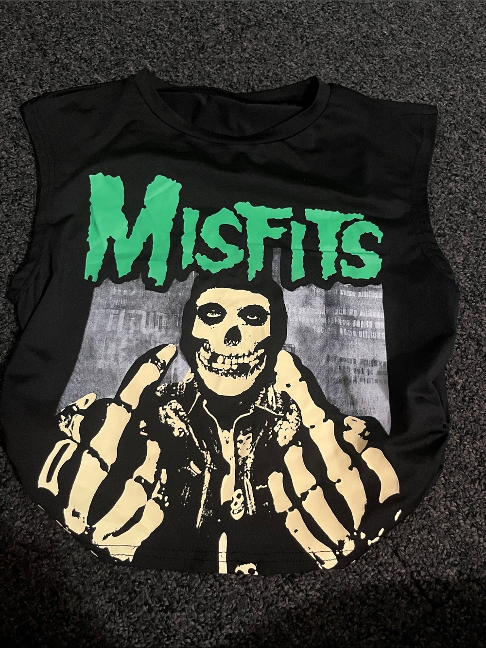 SHEIN Black Tank Top with Green Misfits Graphic and Cream Skull